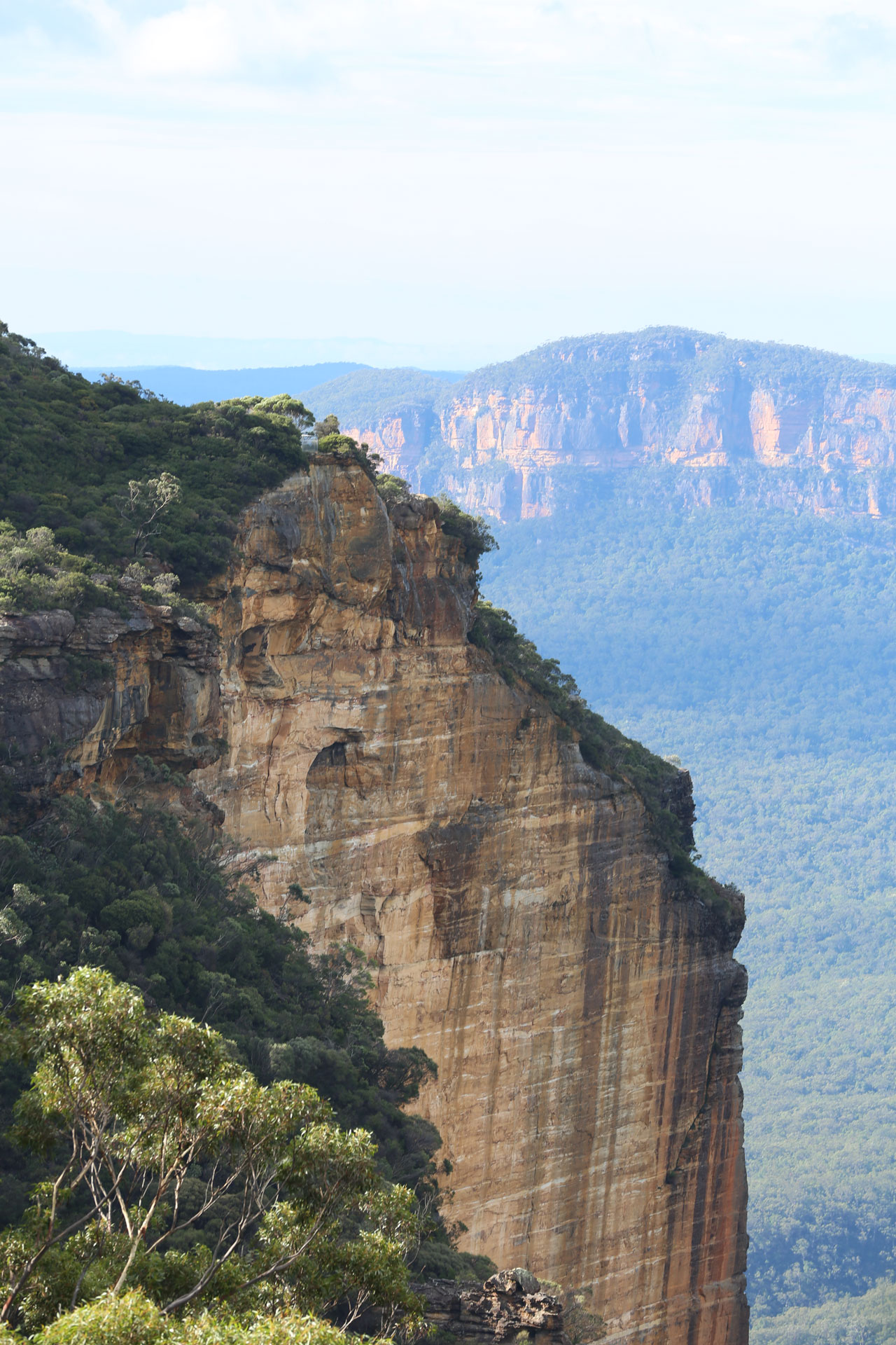 A steep rocky cliff face covered with sparse vegetation overlooks a vast valley of dense forest. In the background, more rugged cliffs rise under a partly cloudy sky, creating a striking and serene natural landscape.