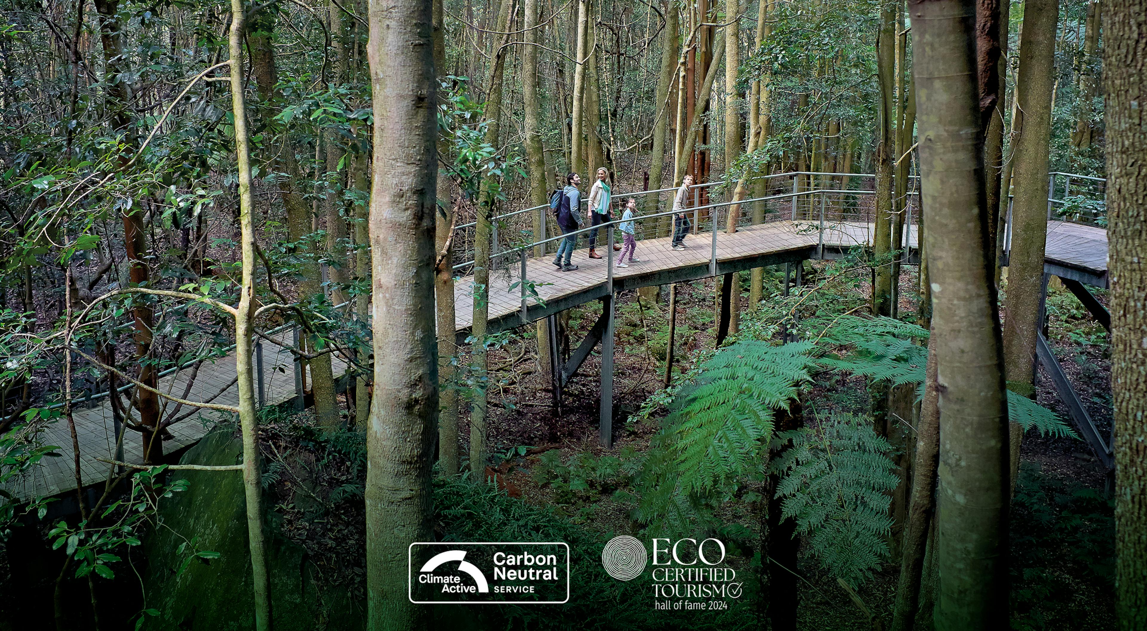 A couple walks along a raised wooden boardwalk through a dense, lush forest. The pathway winds among tall trees and vibrant green foliage. Eco and carbon neutral certification logos are visible at the bottom.