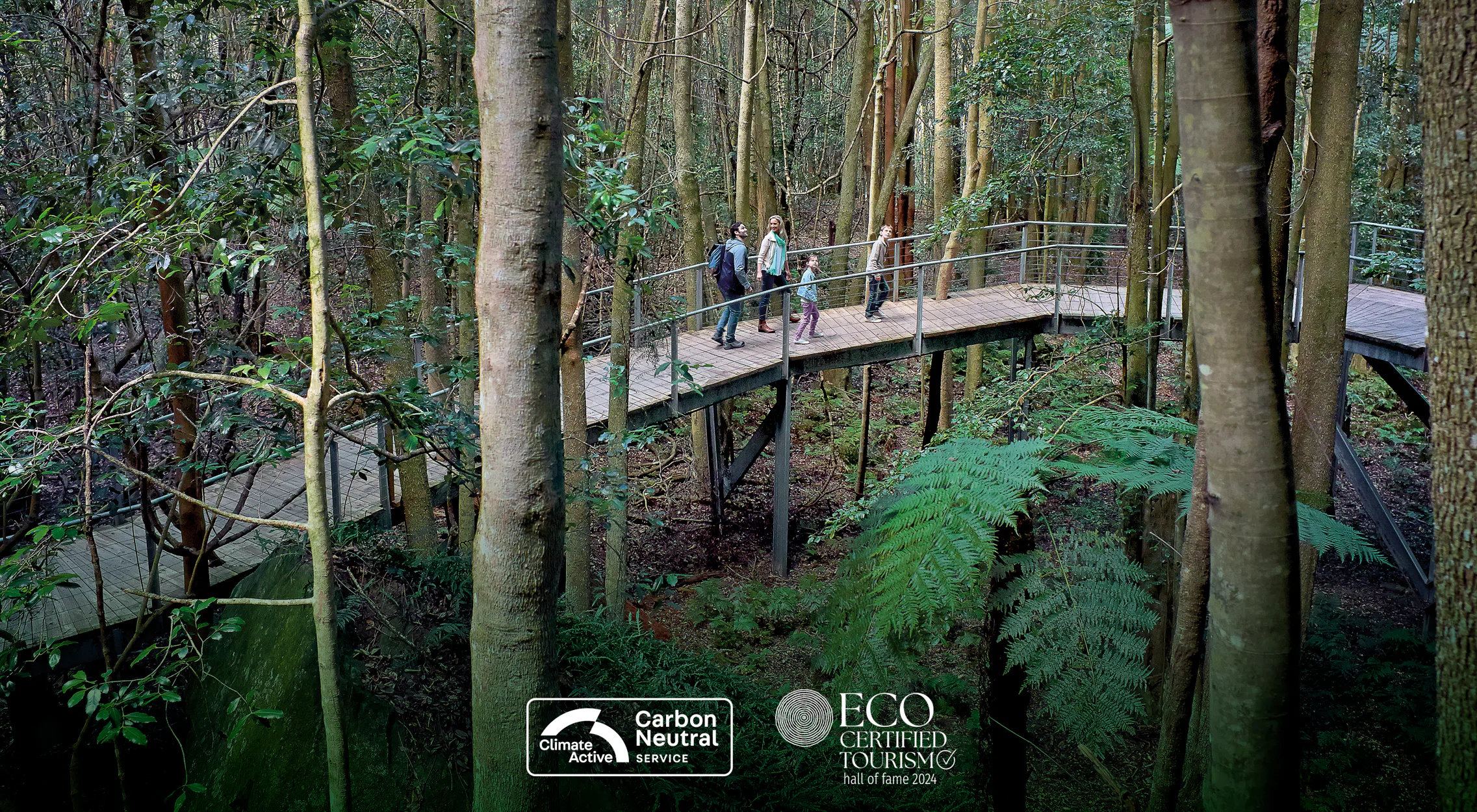 A couple walks along a raised wooden boardwalk through a dense, lush forest. The pathway winds among tall trees and vibrant green foliage. Eco and carbon neutral certification logos are visible at the bottom.