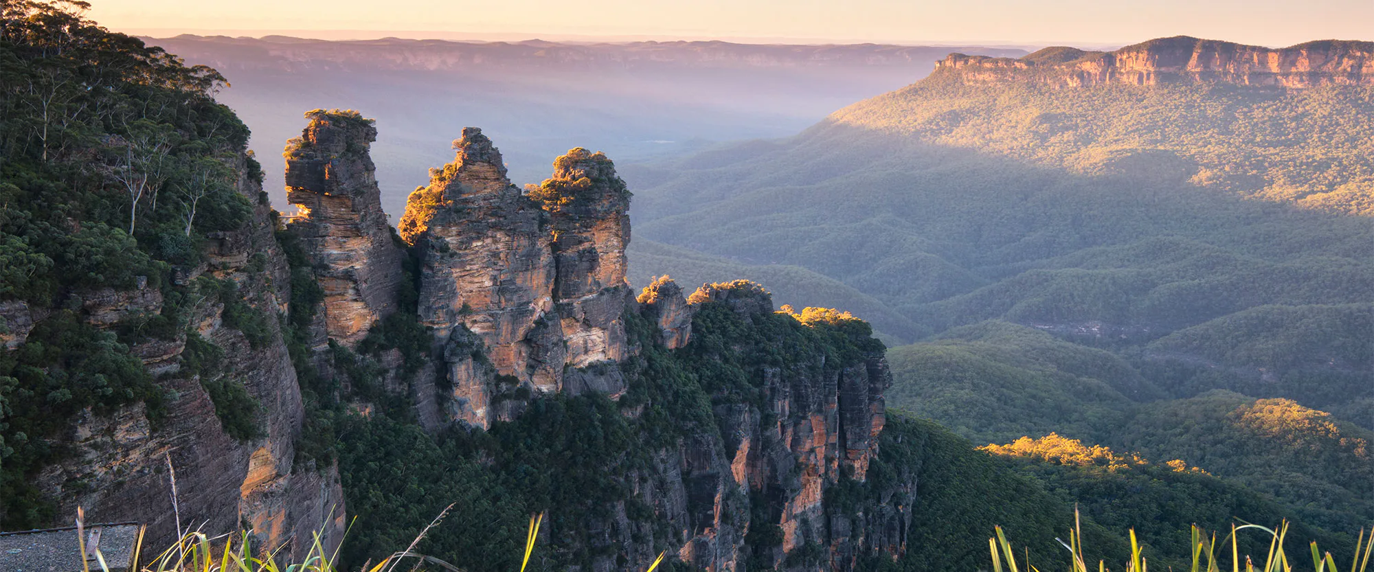 Scenic view of the Three Sisters rock formation at sunrise in the Blue Mountains, Australia. The peaks are surrounded by lush green valleys and distant mountains under a clear blue sky. Bright sunlight casts soft shadows across the landscape.