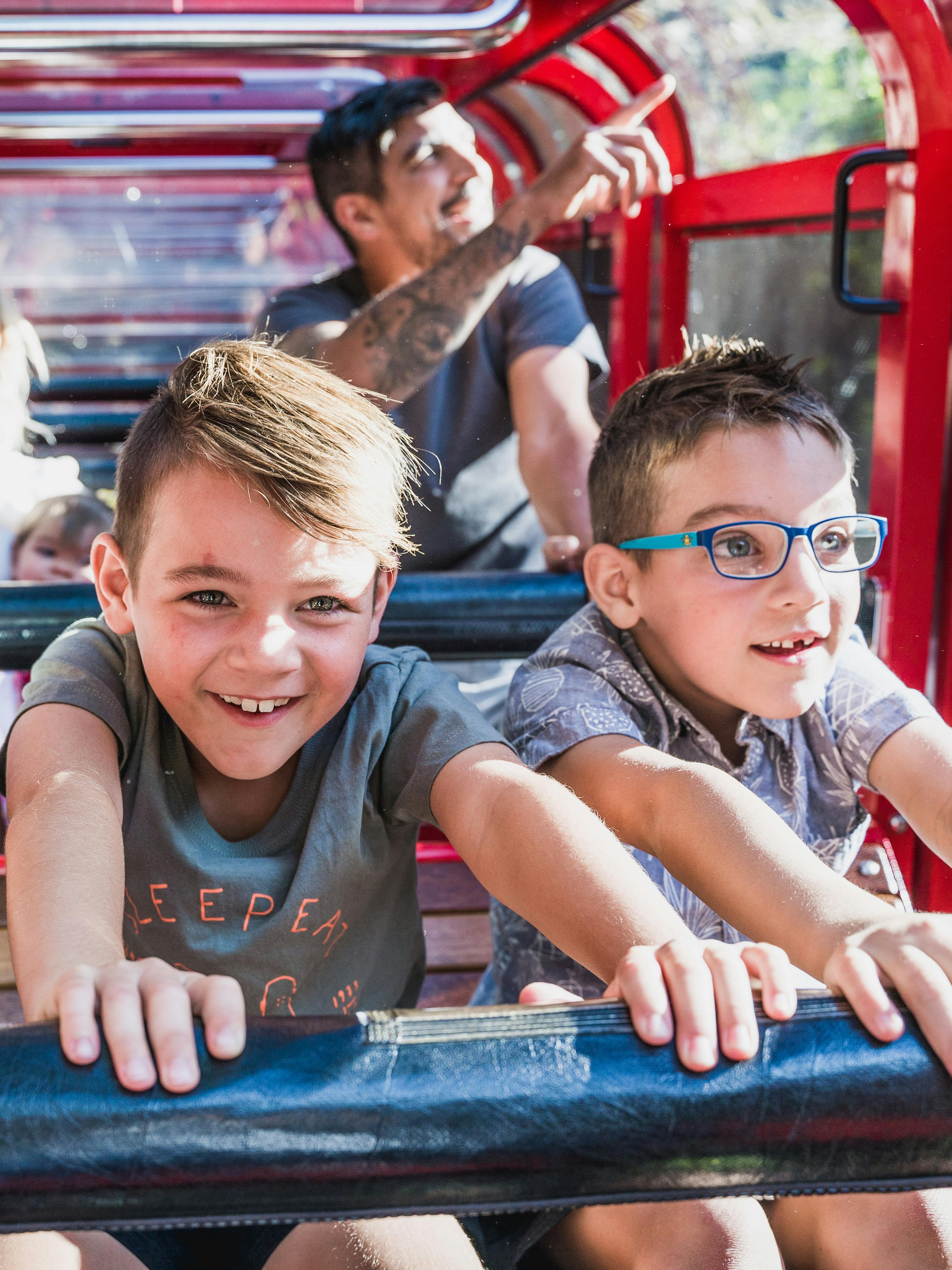 Three young boys and two adults enjoy a ride in a railway. The boys are smiling and leaning forward with excitement, with sunlight streaming through. The adults in the background also appear delighted, looking at the surroundings.