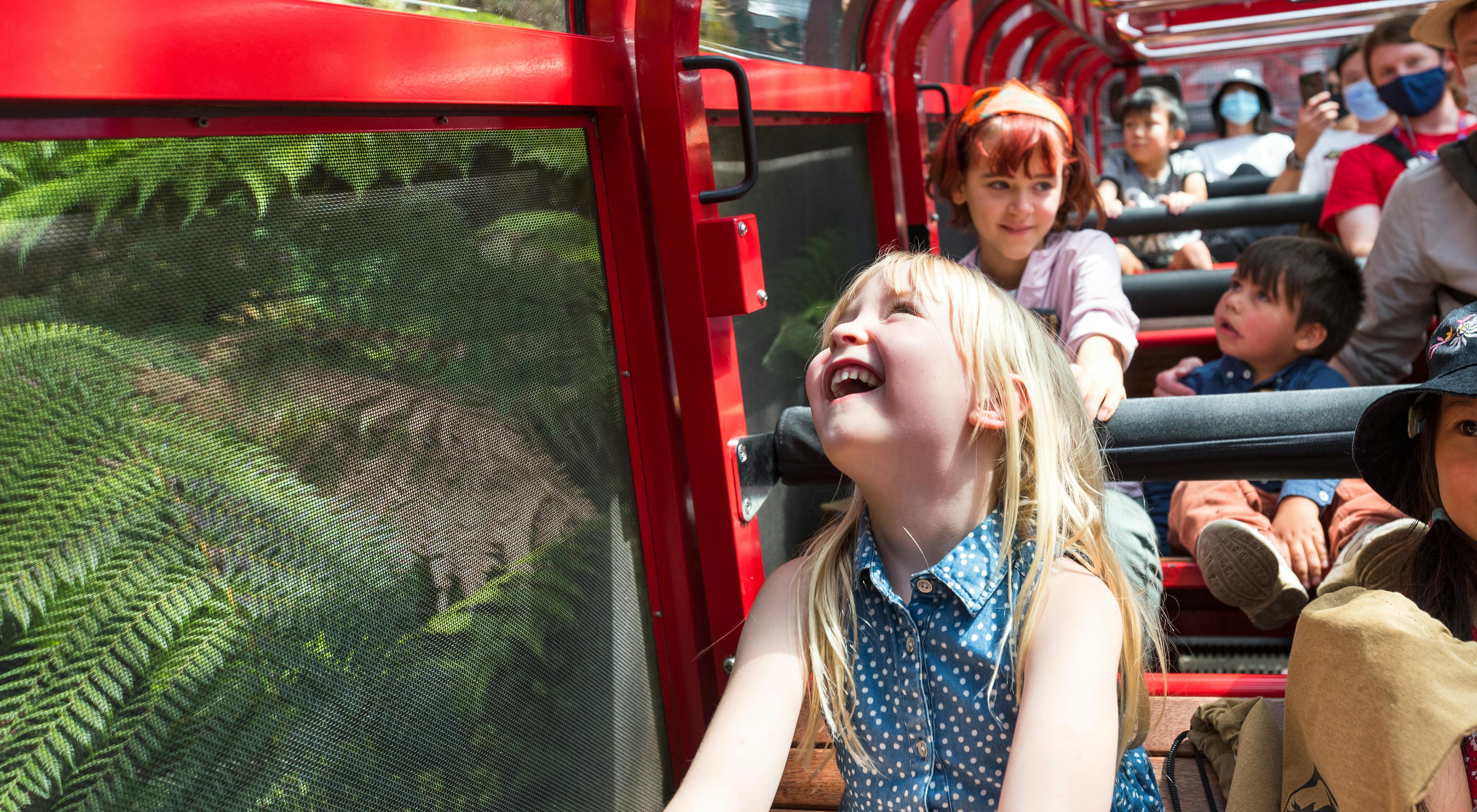 A group of people, mostly children, enjoying a ride in the Railway. A young girl with blonde hair and a blue dress is laughing joyfully. Passengers are surrounded by lush green foliage and wearing casual, summer clothing.