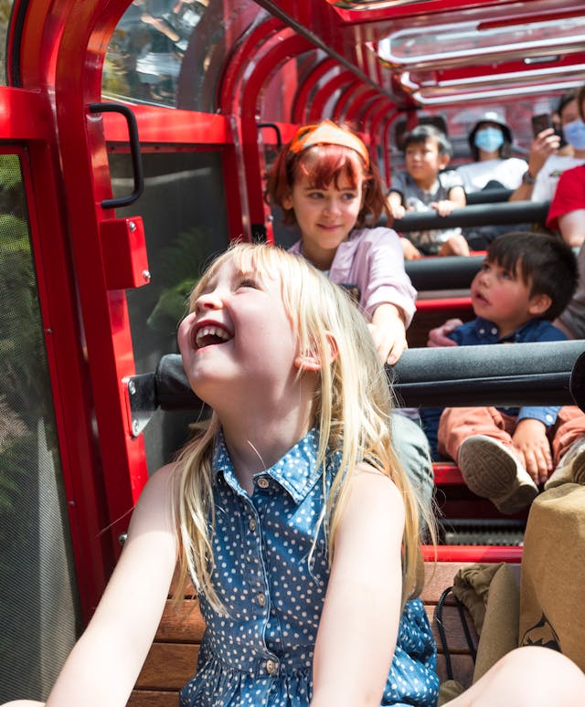 A group of people, mostly children, enjoying a ride in the railway. A young girl with blonde hair and a blue dress is laughing joyfully. Passengers are surrounded by lush green foliage and wearing casual, summer clothing.