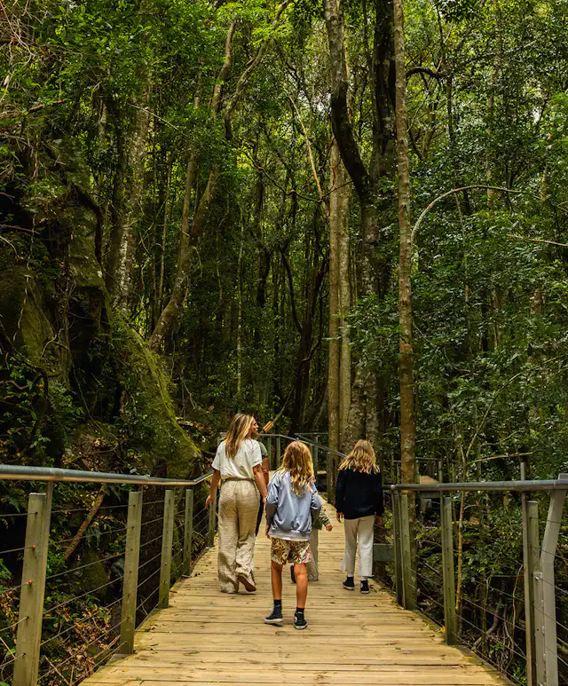 A family walks along the boardwalk of the Scenic Walkway