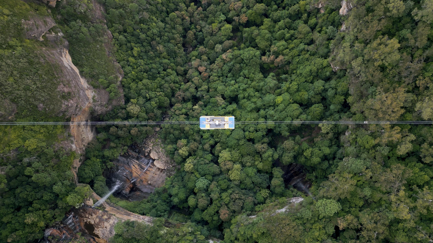 Shot from above of the Scenic Skyway over the Jamison Valley