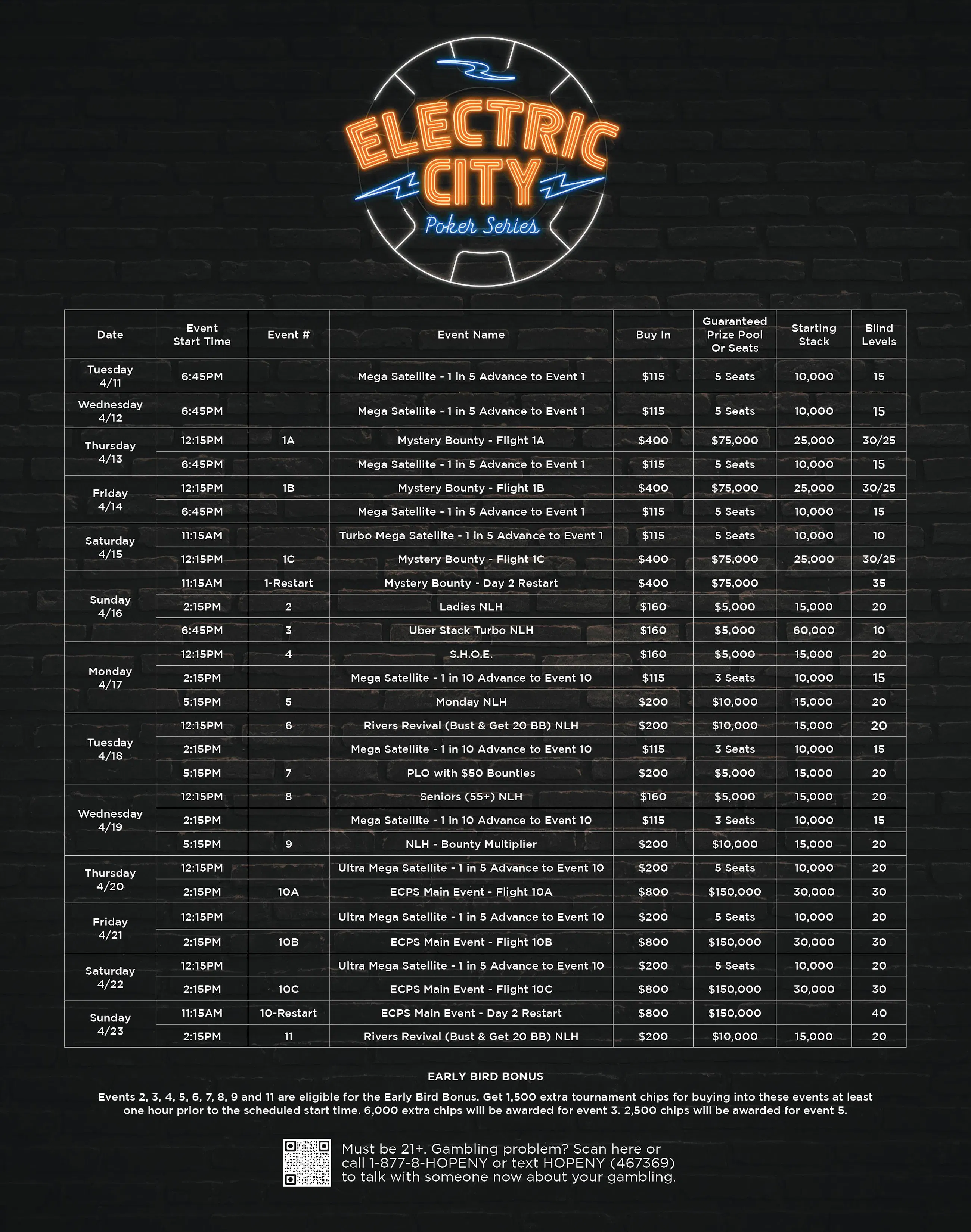 A schedule of the upcoming events