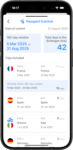 Example of the app's Passport Control page which shows how many days you've been in the Schengen Area if checked on a particular date.