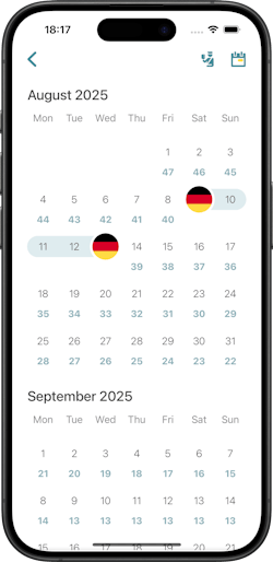 An example of the Schengen Simple calendar showing one 5-day trip to Germany, with a variety of allowances displayed on the screen.