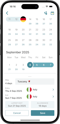 Adding a new 5-day trip to Italy from the app's calendar