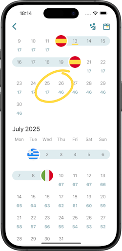 The app's calendar, highlighting that your allowance is displayed under each date