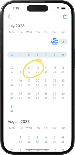 The app's calendar, highlighting that your allowance is displayed under each date
