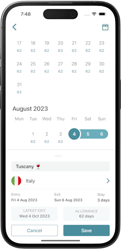 Adding a new 5-day trip to Italy from the app's calendar
