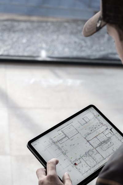 Mitarbeiter mit digitalem Plan auf einer Baustelle