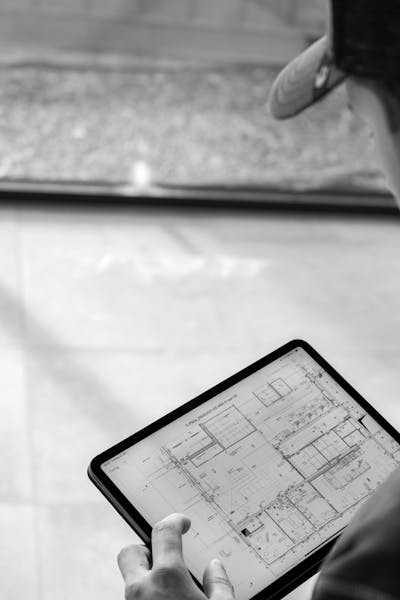 Mitarbeiter mit digitalem Plan auf einer Baustelle