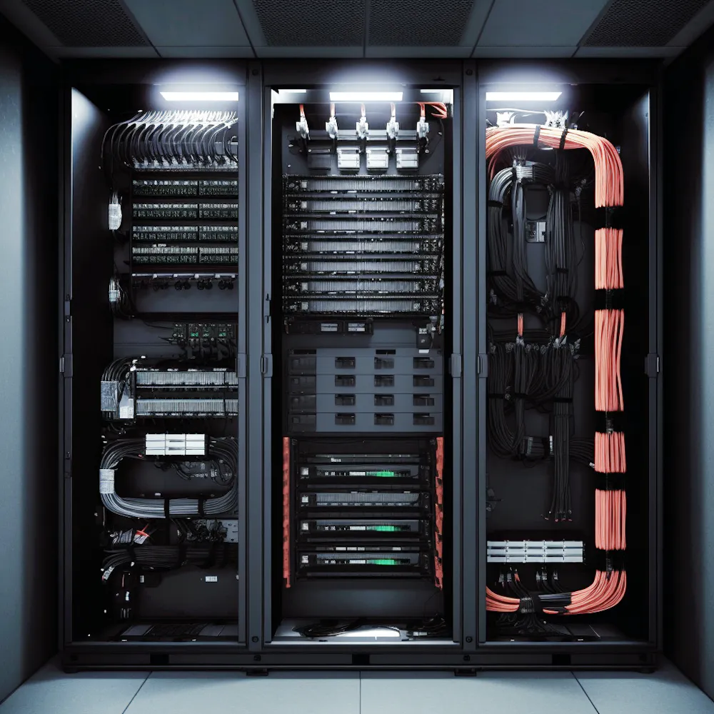 Serverschrank mit Server, Netzwerkkomponenten und Verkabelung