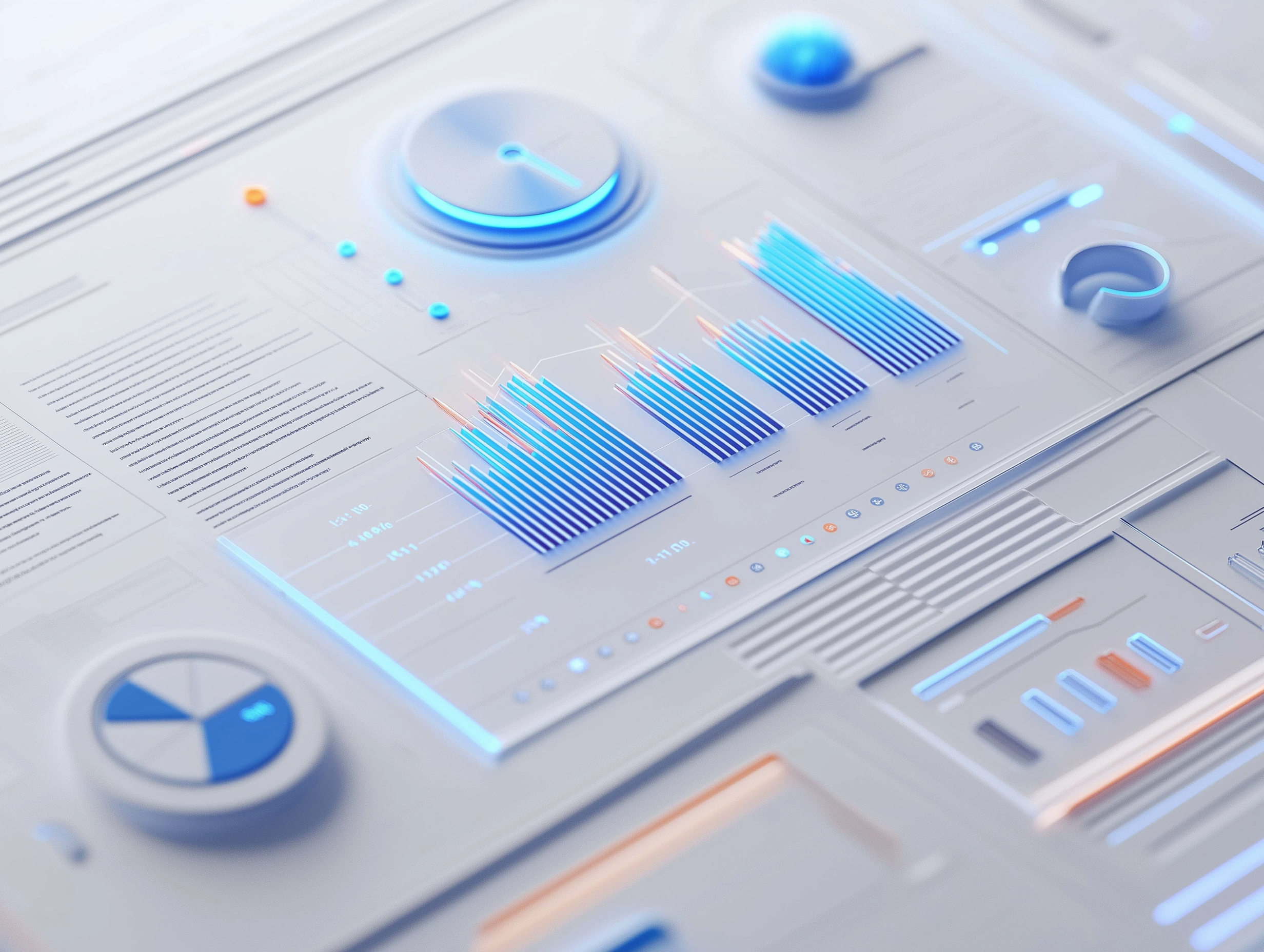Visualisierung von Datenanalysen mit Diagrammen und blauen Akzenten, die datengetriebene Entscheidungen darstellen.