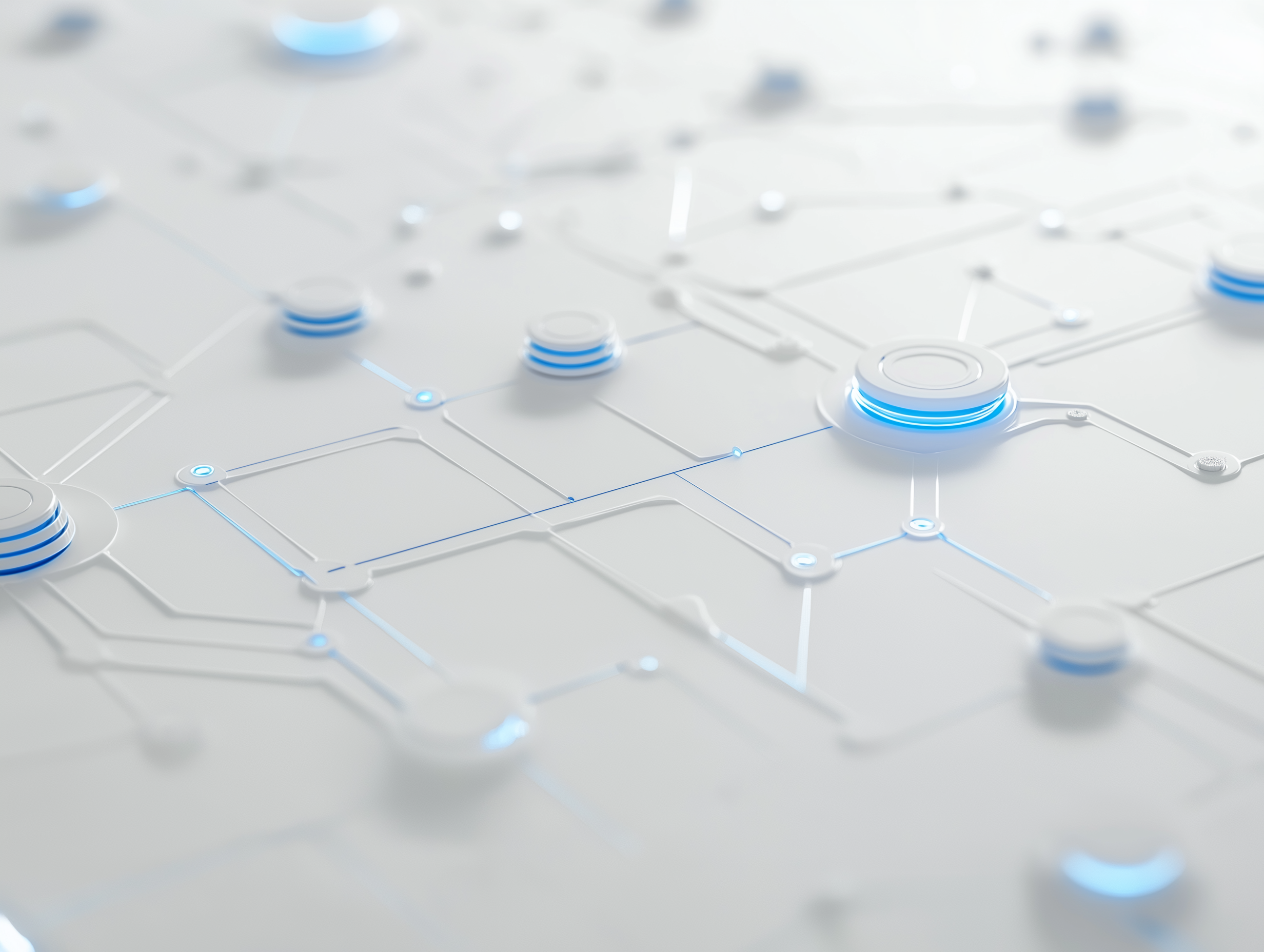 Minimalistisches Design von Datenpunkten und Netzwerken, verbunden durch blaue Highlights auf hellem Hintergrund