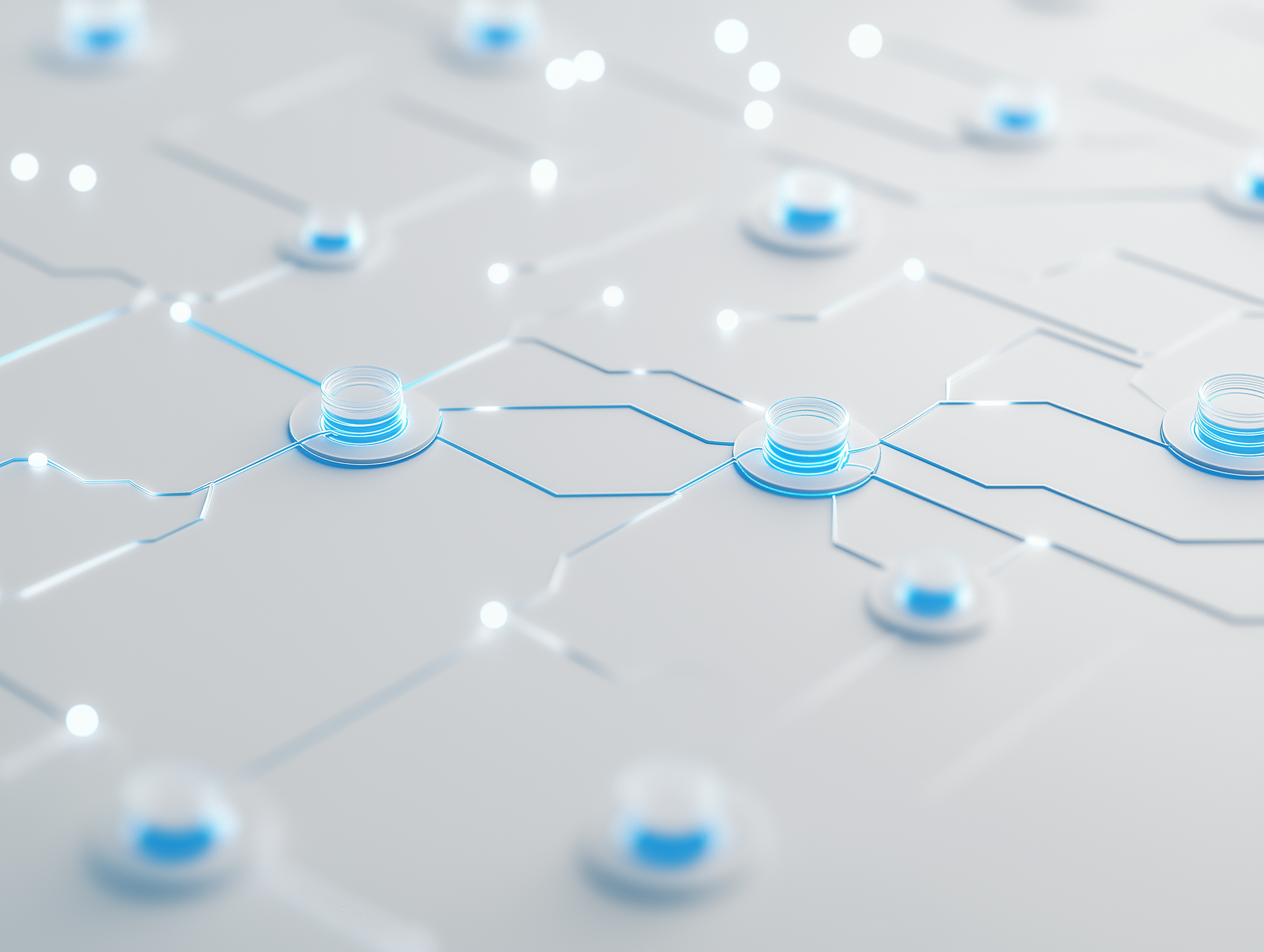Minimalistisches Design von Datenpunkten und Netzwerken, verbunden durch blaue Highlights auf hellem Hintergrund