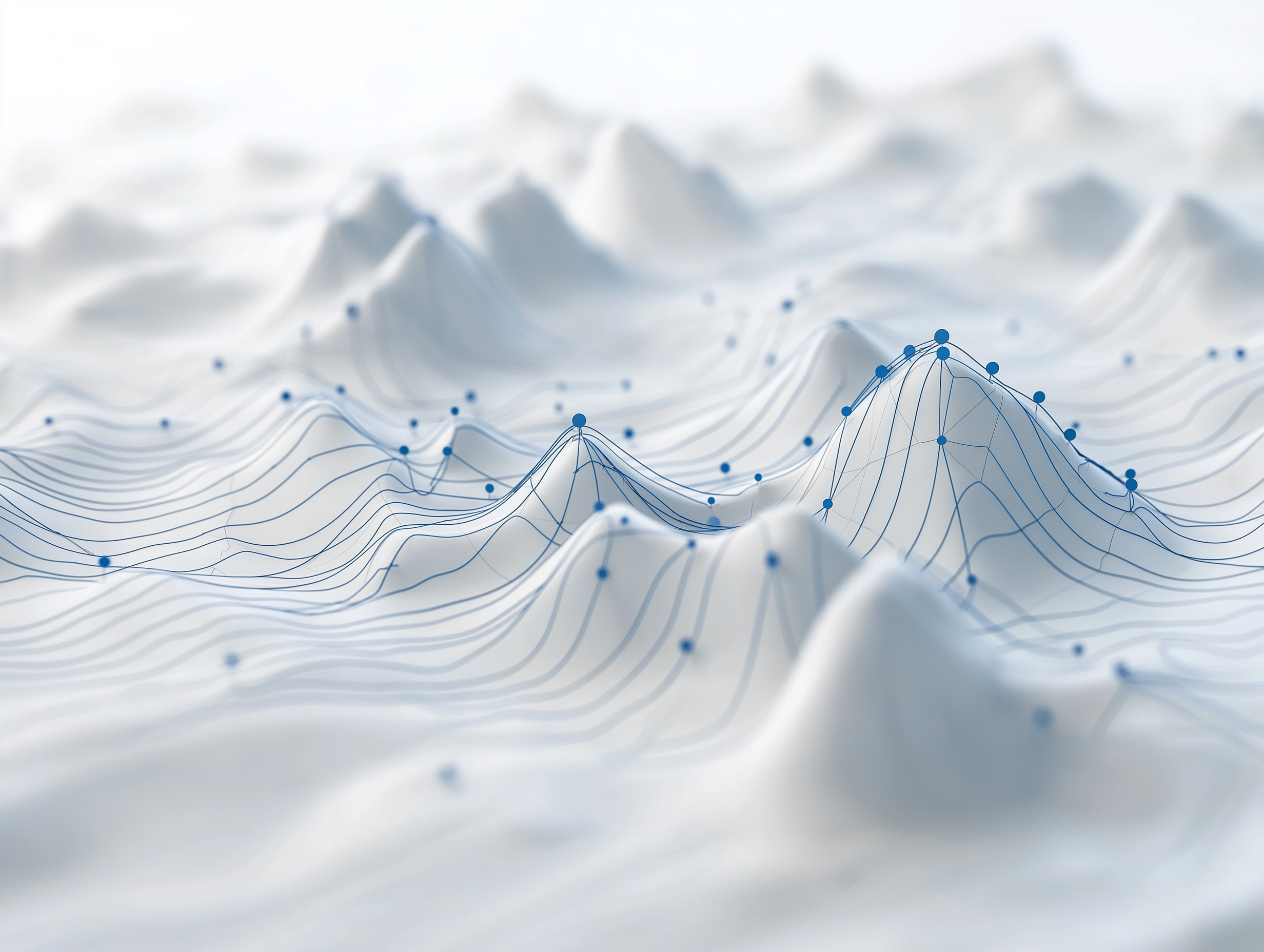 Minimalistisches Design von Datenpunkten und Netzwerken, verbunden durch blaue Highlights auf hellem Hintergrund