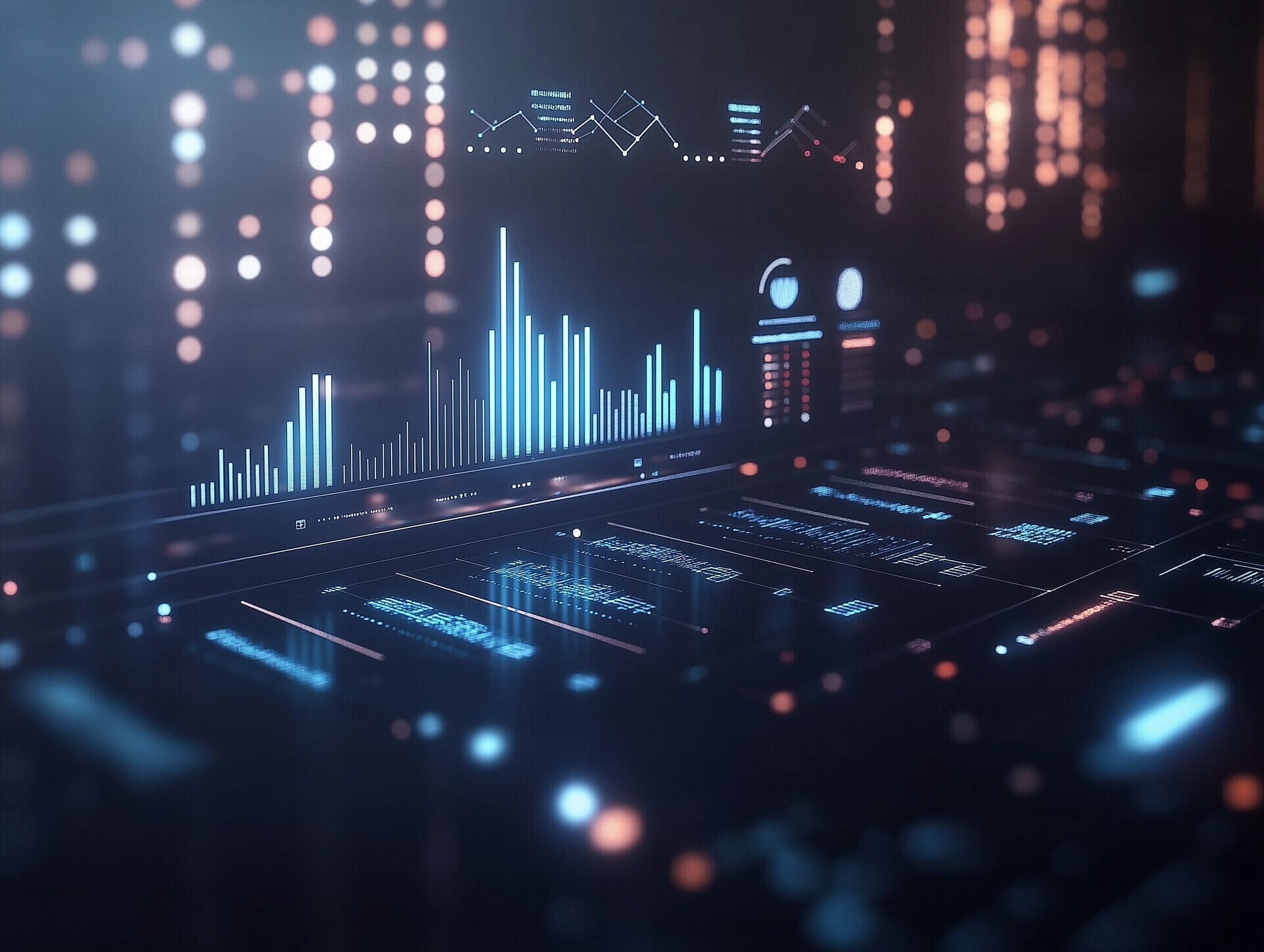 Illustration eines Dashboards für Predictive Analytics mit blauen Trendlinien und Datenvisualisierungen.