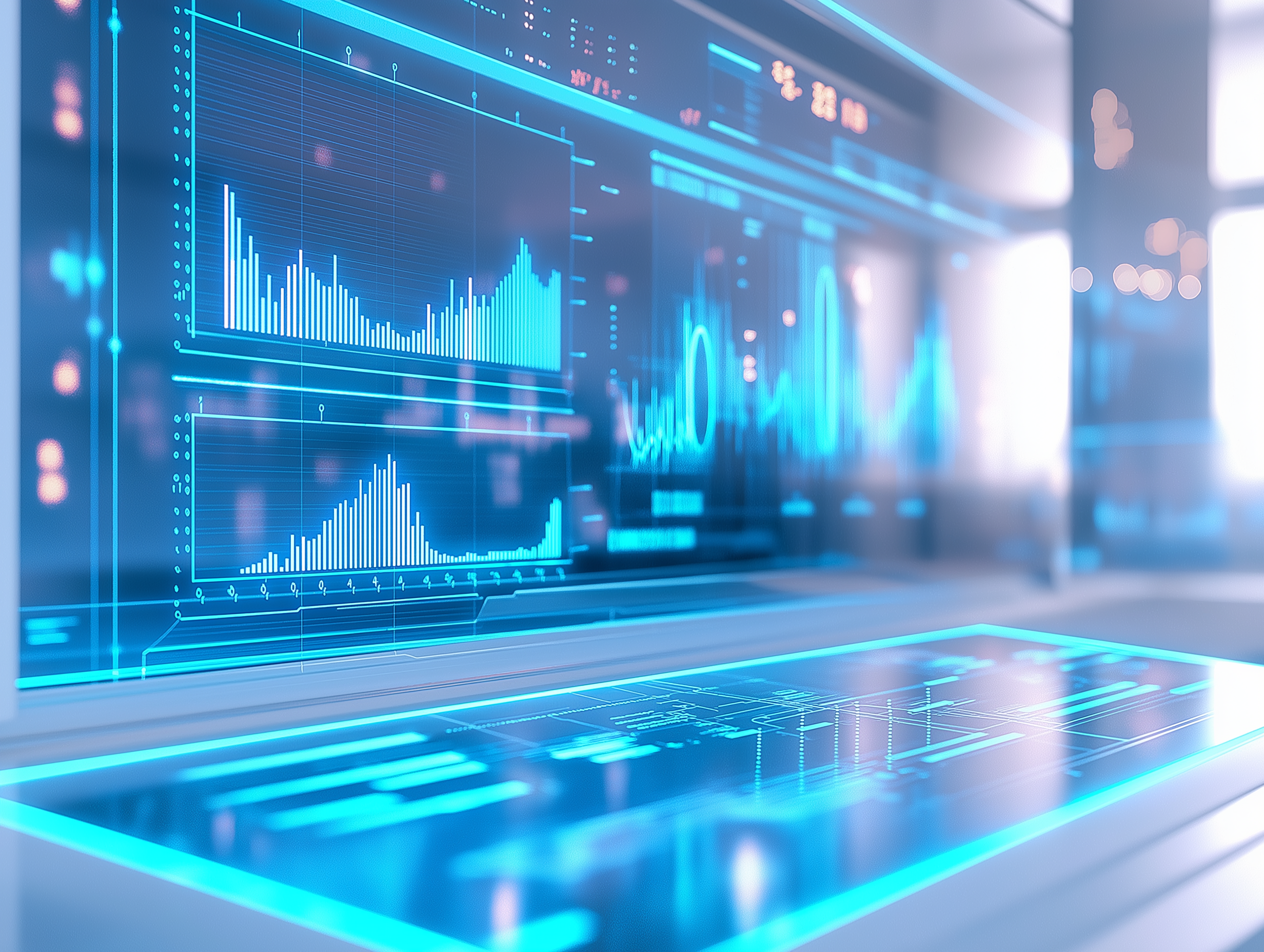 Illustration eines Dashboards für Predictive Analytics mit blauen Trendlinien und Datenvisualisierungen.