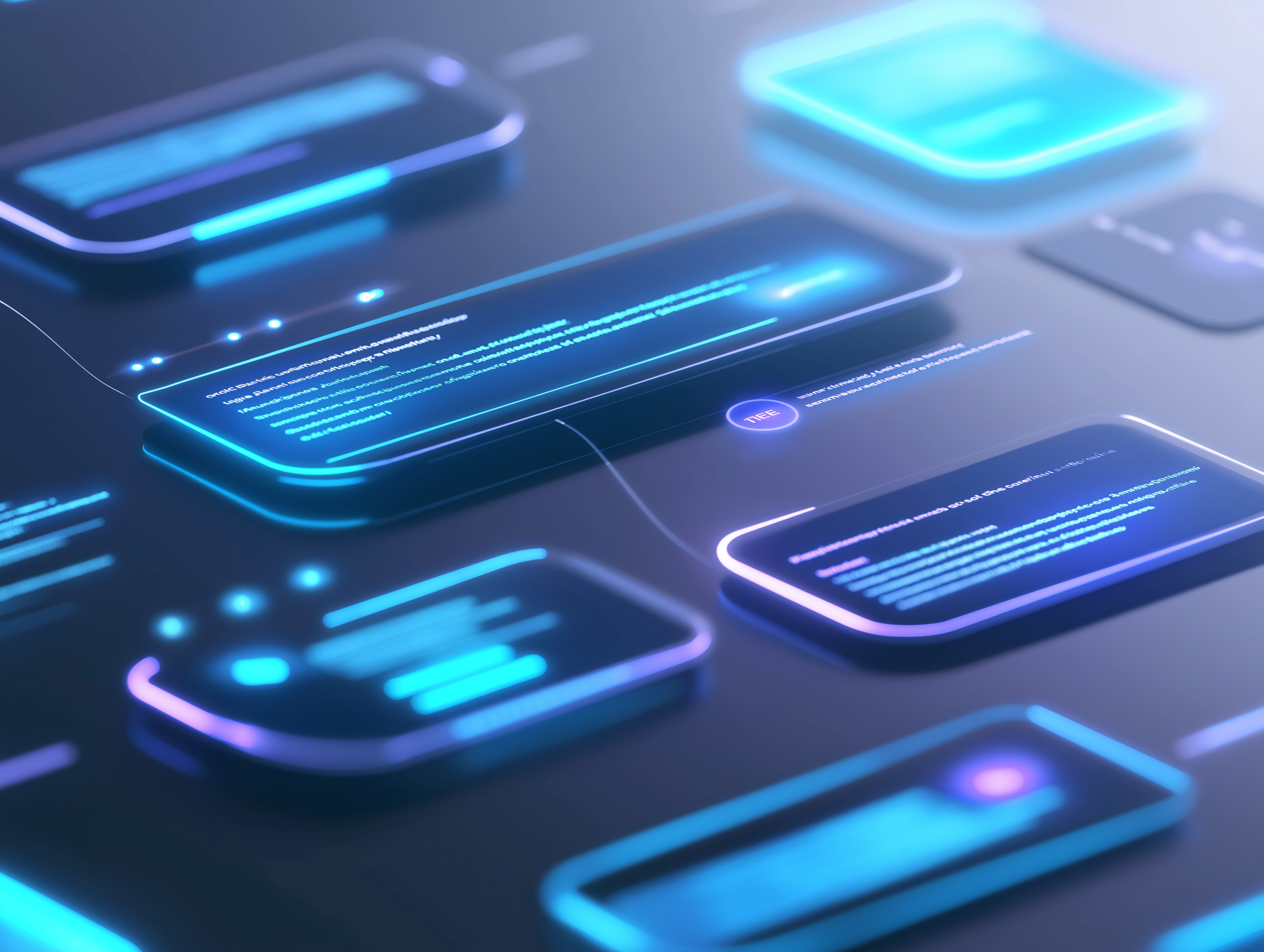 Futuristisches Chatbot-Interface mit blau hervorgehobenen Textblasen auf minimalistischer weißer Oberfläche