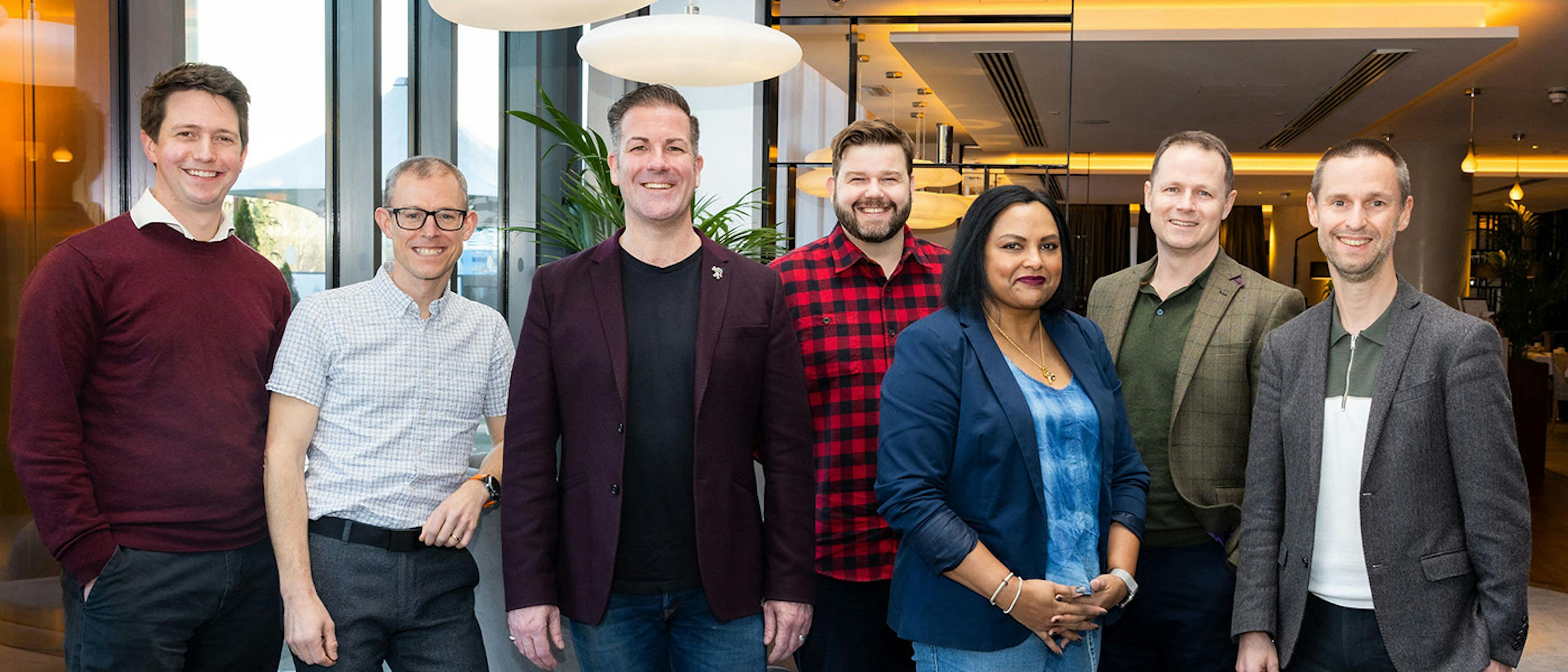 Scott Logic Executive team. Left to right: Graham Odd, Colin Eberhardt, Steve Foreshew-Cain, Chris Ferguson, Myra Cooke, Ed Gill, Matt Phillips