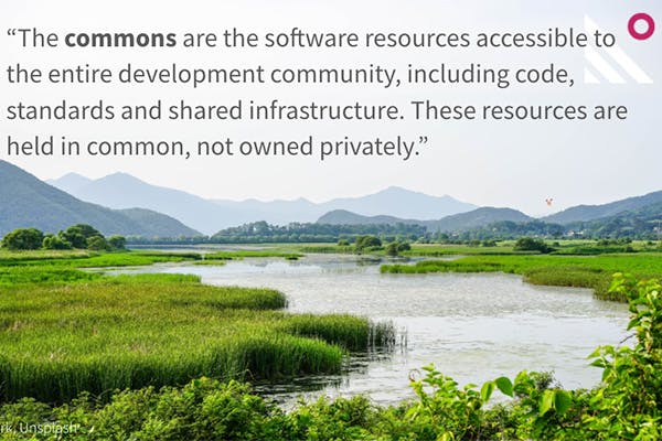 "The commons are the software resources accessible to the entire development community, including code, standards and shared infrastructure. These resources are held in common, not owned privately."