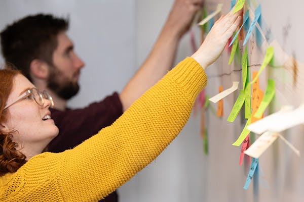 Woman and man placing sticky notes on a whiteboard
