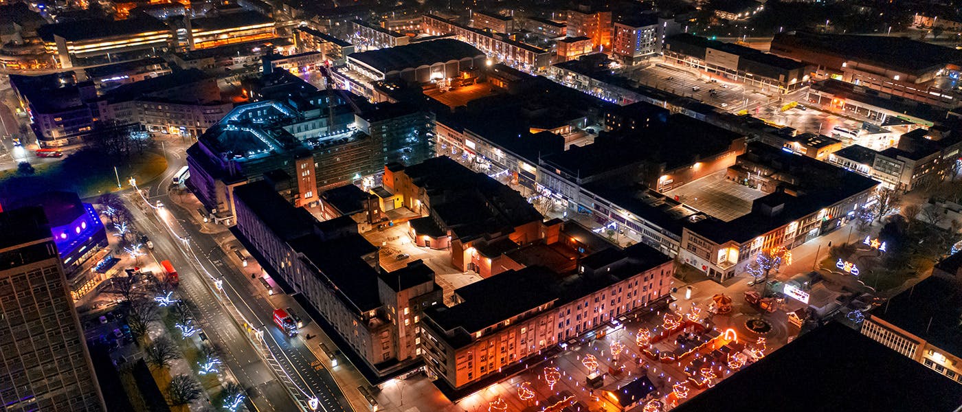 Aerial view of Plymouth at night