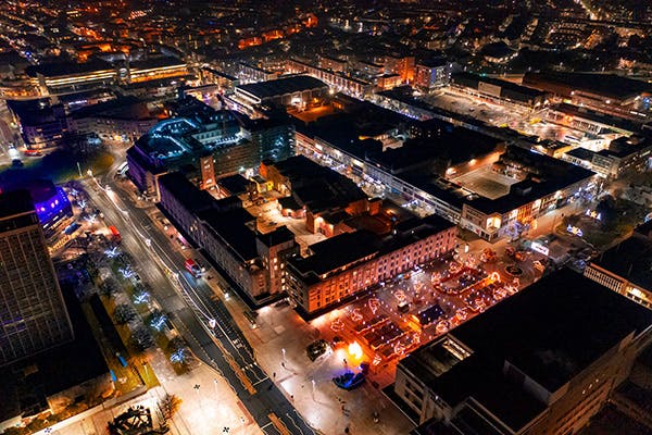Aerial view of Plymouth at night