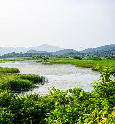 An open landscape with a river running towards mountains on the horizon