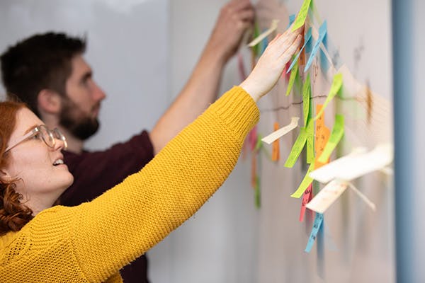 Two people placing sticky notes on a white board