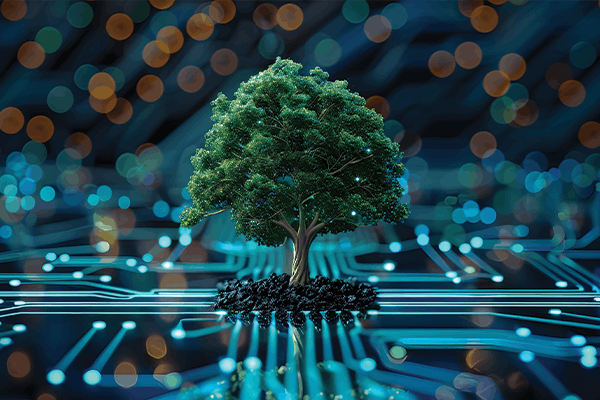 Tree rises from circuitboard