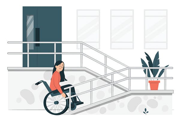 Cartoon illustration of a wheelchair accessible office