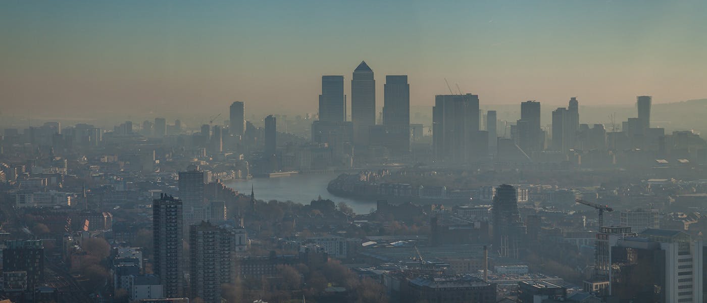 Panoramic view of south-east London in the morning with visible smog