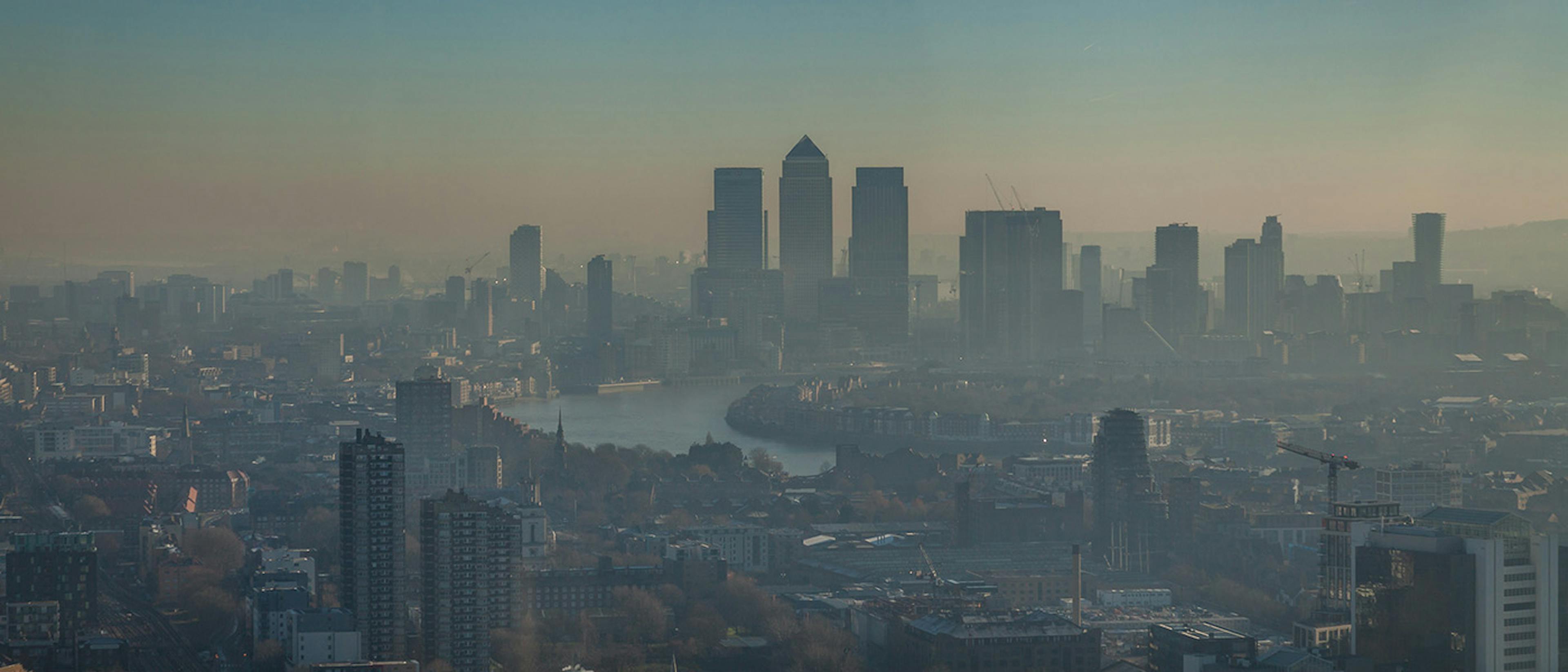 Panoramic view of south-east London in the morning with visible smog