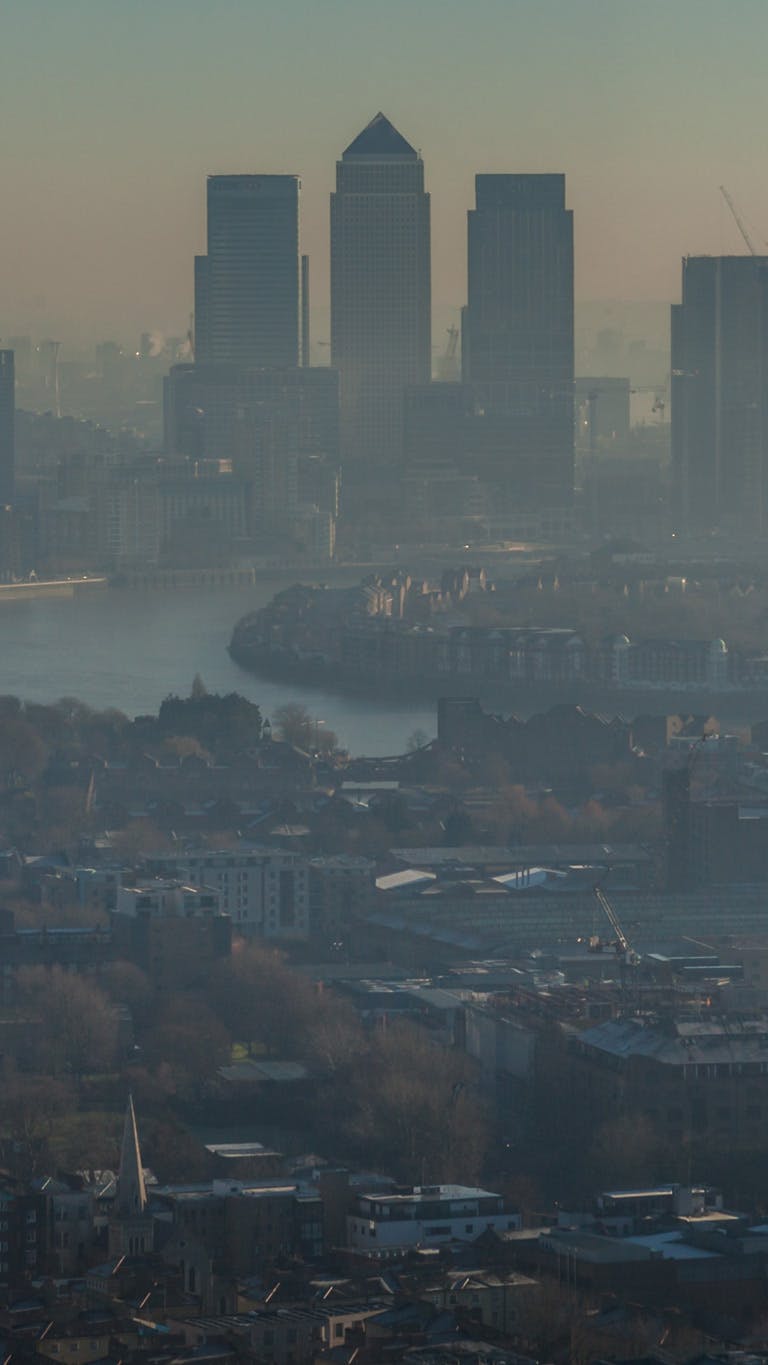 Panoramic view of south-east London in the morning with visible smog