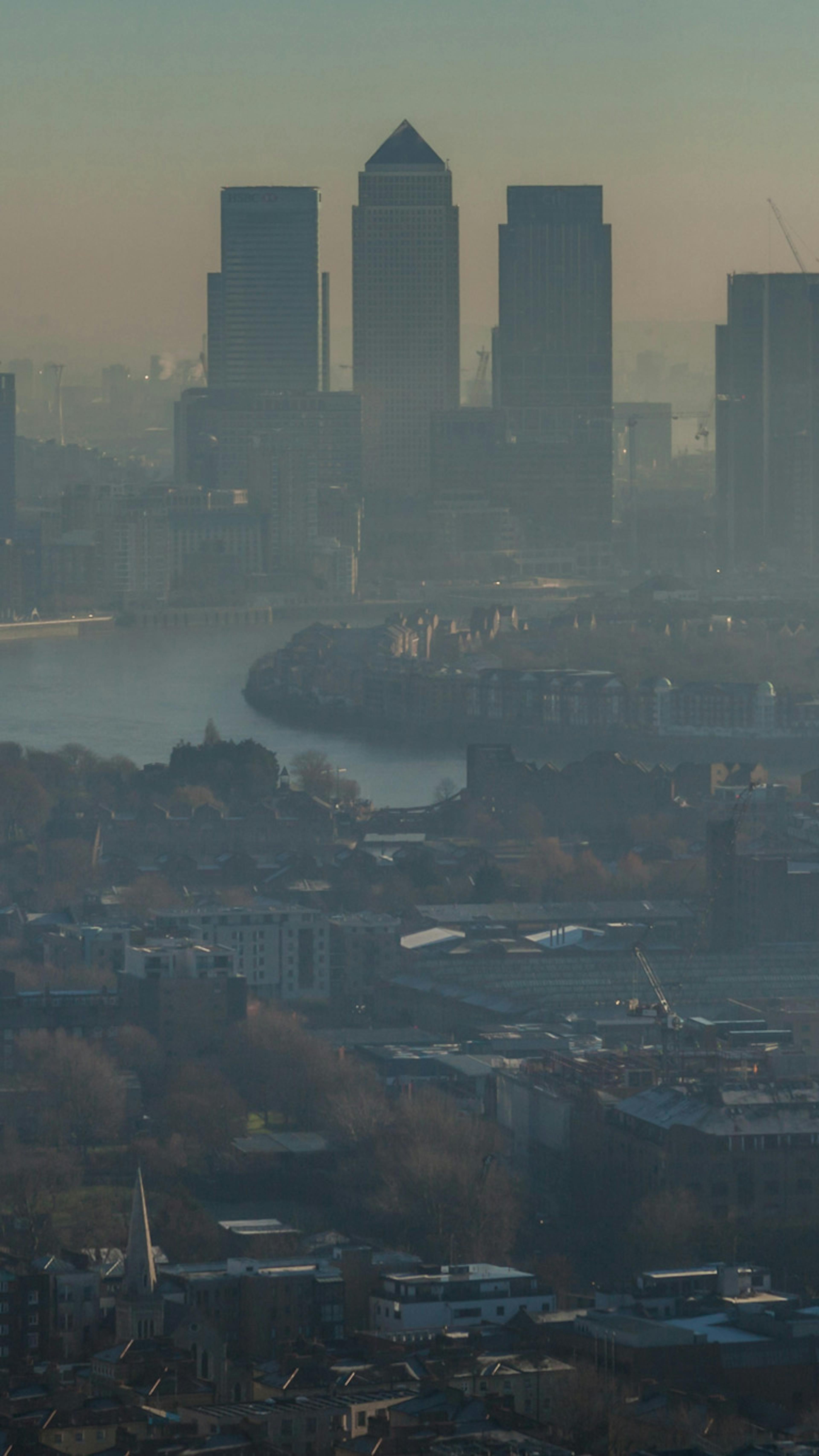 Panoramic view of south-east London in the morning with visible smog