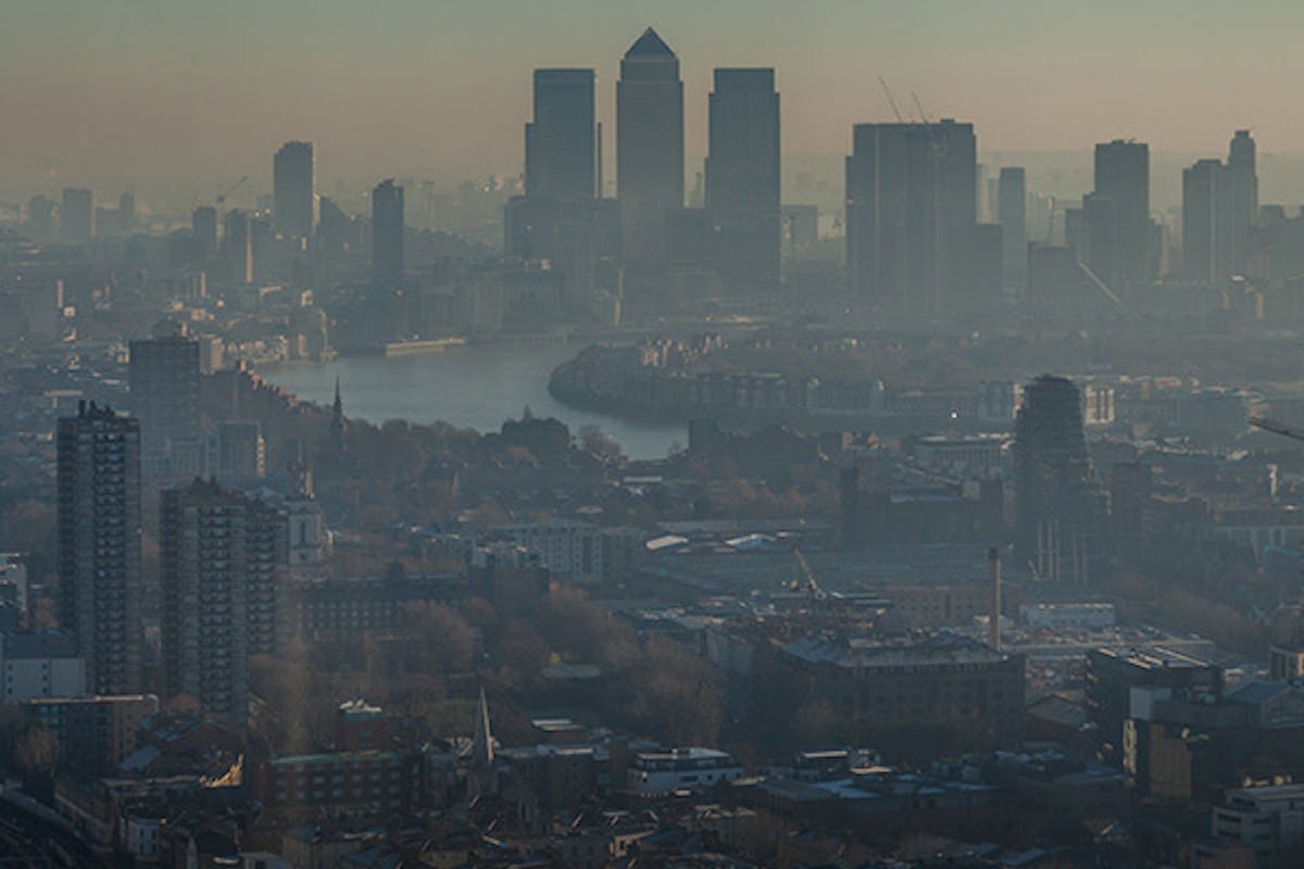 Panoramic view of south-east London in the morning with visible smog