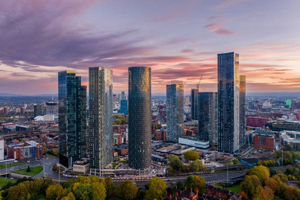 Drone shot of the Deansgate Square development in Manchester in evening light