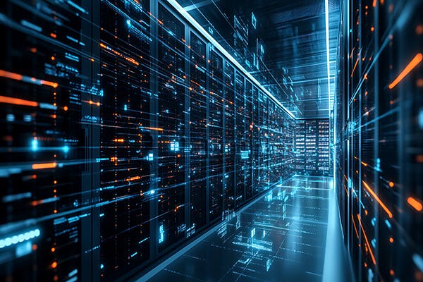 Data Center Server Room: High-Tech IT Infrastructure with Advanced Network Technology and Powerful Computing Performance for Cloud Services.