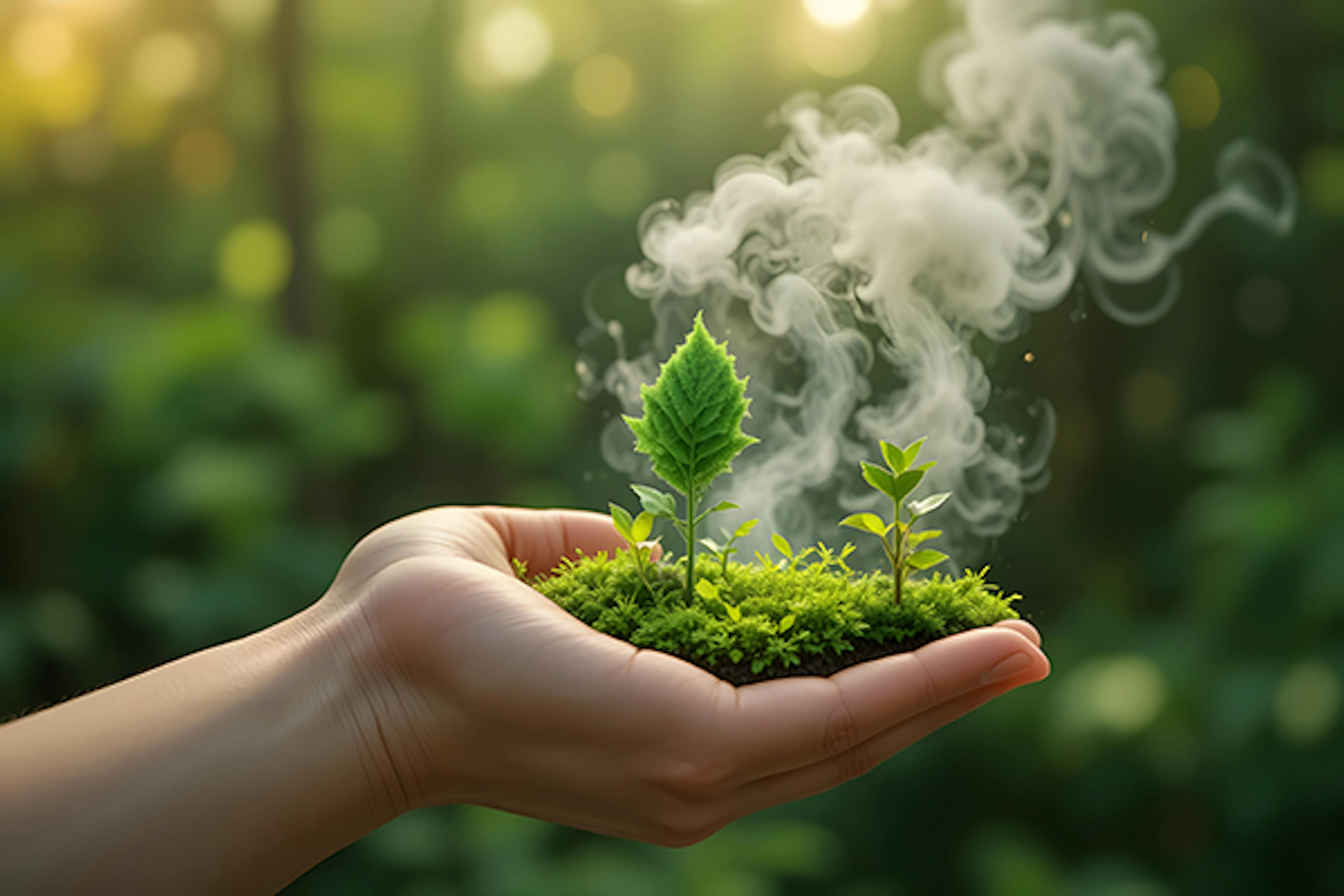 A hand gently holding a small patch of moss with three young green plants growing from it, surrounded by a soft, blurred forest background.