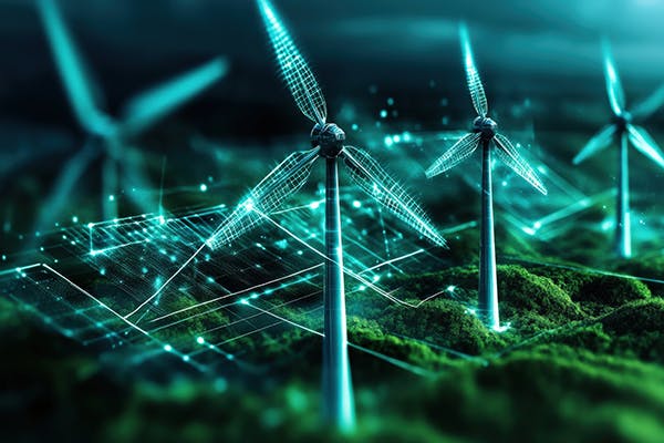 Futuristic wind turbines spin in digital landscape, symbolising transition to zero carbon economy