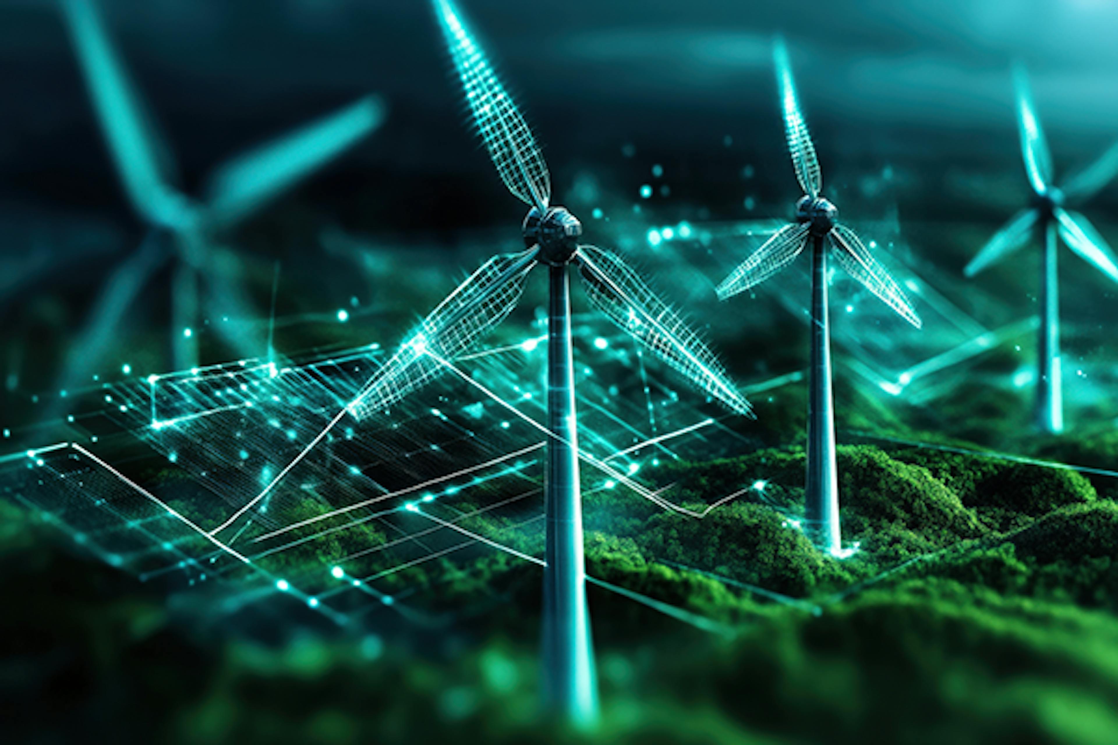 Futuristic wind turbines spin in digital landscape, symbolising transition to zero carbon economy
