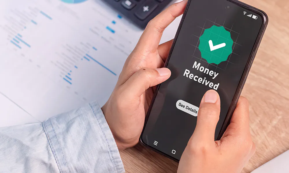 Person holding a phone saying Money Received on the screen