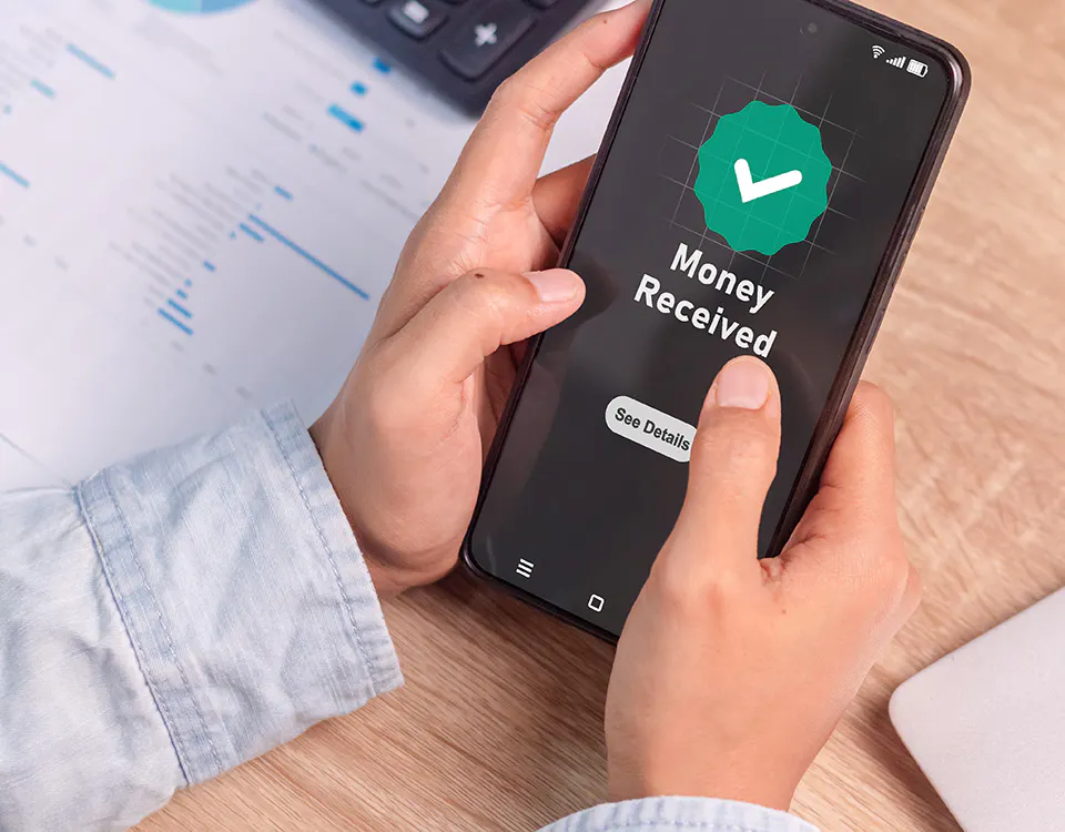 Person holding a phone saying Money Received on the screen