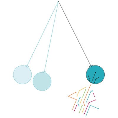An illustration of a Newton's Cradle being set in motion by an arrow made of circuitry