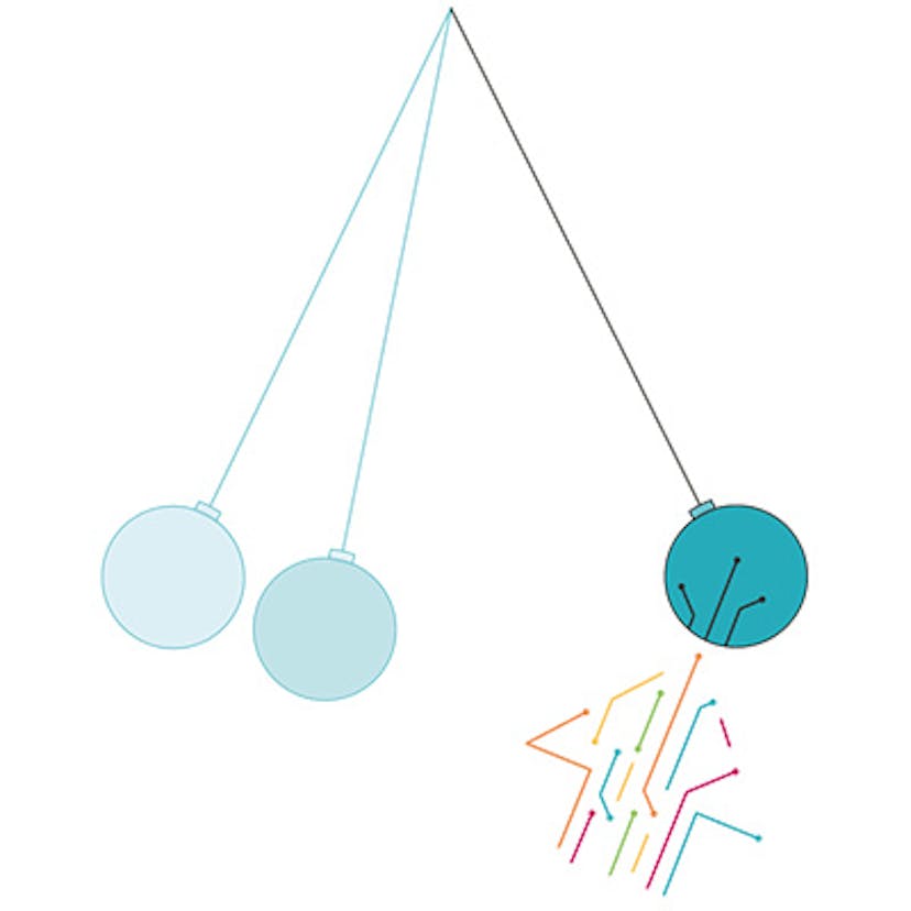 An illustration of a Newton's Cradle being set in motion by an arrow made of circuitry