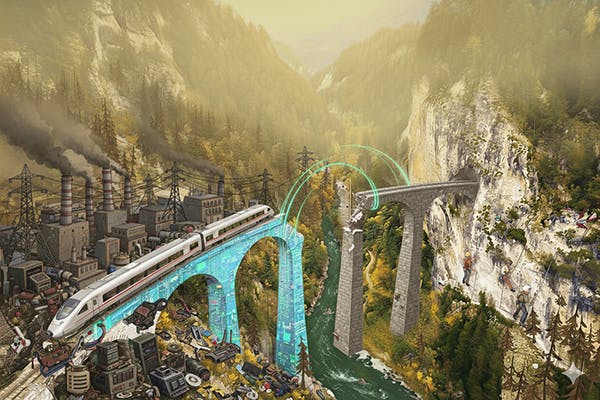 AI illustrated train trying to bridge a gap,